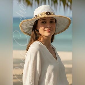 Tropical Embellished Coconut Wood Trendy Straw Sun Hat
